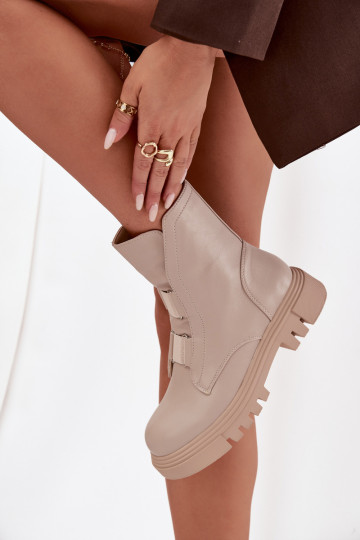 Ocieplane Botki Workery Damskie Na Zamek Eko Skórzane Jasnobeżowe Mailyra 2