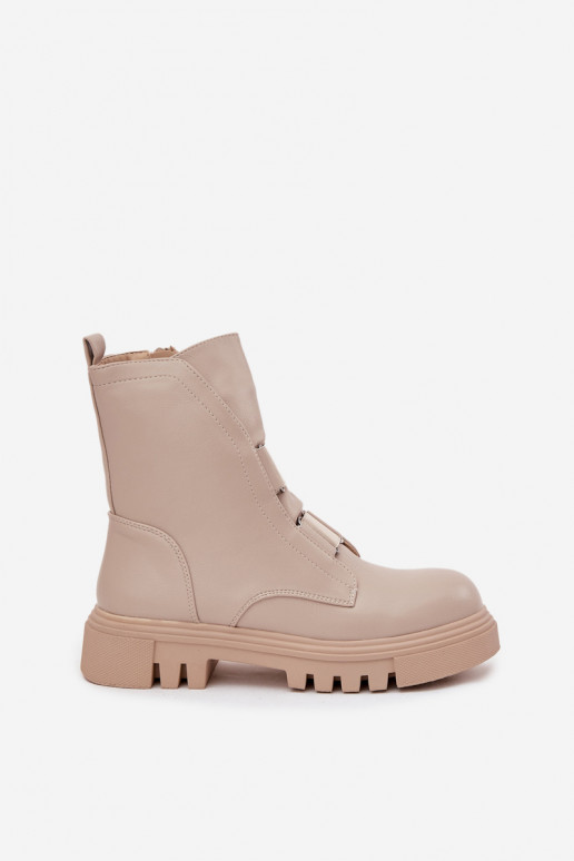 Fleece Lined Women's Worker Boots with Zip Eco Leather Light Beige Mailyra Fleece Lined Women's Worker Boots with Zip Eco Leather Light Beige Mailyra