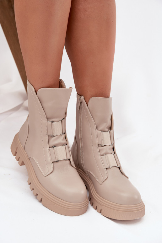 Fleece Lined Women's Worker Boots with Zip Eco Leather Light Beige Mailyra Fleece Lined Women's Worker Boots with Zip Eco Leather Light Beige Mailyra