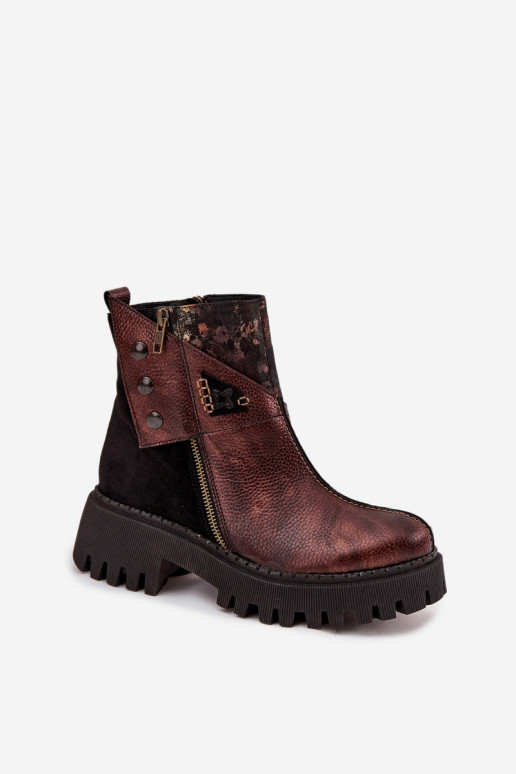 Leather Insulated Ankle Boots On Platform And Flat Heel Maciejka 06140-02 Brown Leather Insulated Ankle Boots On Platform And Flat Heel Maciejka 06140-02 Brown