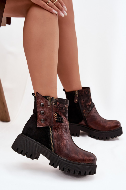 Leather Insulated Ankle Boots On Platform And Flat Heel Maciejka 06140-02 Brown Leather Insulated Ankle Boots On Platform And Flat Heel Maciejka 06140-02 Brown