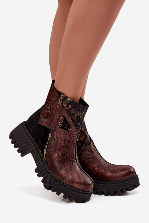 Skórzane Ocieplane Botki Na Platformie I Płaskim Obcasie Maciejka 06140-02 Brązowe