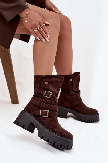 Women's ankle boots on chunky heel with buckles and strap chocolate Nerelisa