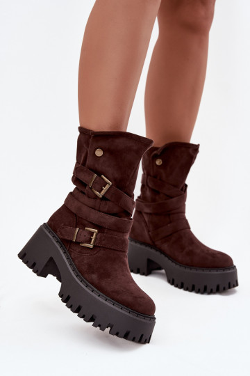 Women's ankle boots on chunky heel with buckles and strap chocolate Nerelisa 2