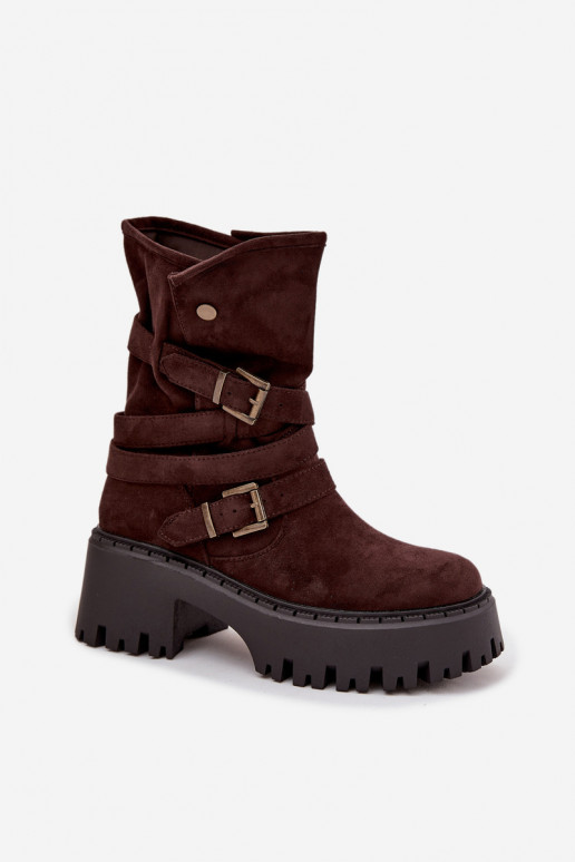 Women's ankle boots on chunky heel with buckles and strap chocolate Nerelisa Women's ankle boots on chunky heel with buckles and strap chocolate Nerelisa