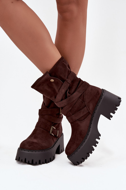 Women's ankle boots on chunky heel with buckles and strap chocolate Nerelisa Women's ankle boots on chunky heel with buckles and strap chocolate Nerelisa