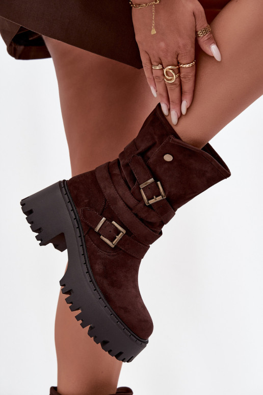 Women's ankle boots on chunky heel with buckles and strap chocolate Nerelisa Women's ankle boots on chunky heel with buckles and strap chocolate Nerelisa