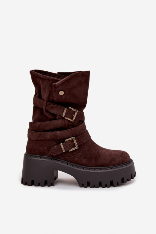 Women's ankle boots on chunky heel with buckles and strap chocolate Nerelisa Women's ankle boots on chunky heel with buckles and strap chocolate Nerelisa