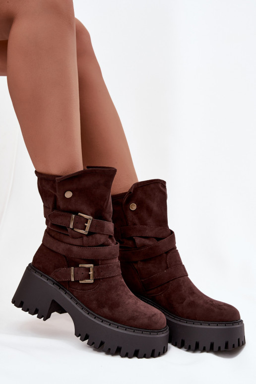 Women's ankle boots on chunky heel with buckles and strap chocolate Nerelisa Women's ankle boots on chunky heel with buckles and strap chocolate Nerelisa