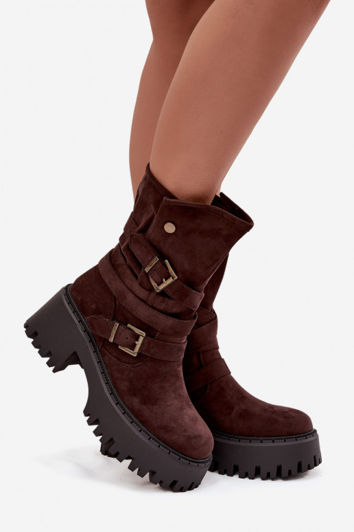 Women's ankle boots on chunky heel with buckles and strap chocolate Nerelisa Women's ankle boots on chunky heel with buckles and strap chocolate Nerelisa