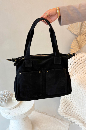 Leather Suede Handbag with Pockets Black Zephina