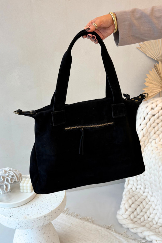 Leather Suede Handbag with Pockets Black Zephina Leather Suede Handbag with Pockets Black Zephina