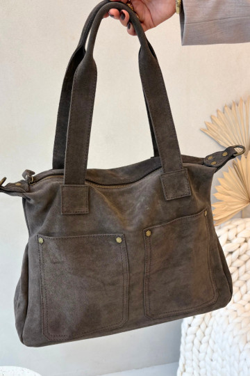 Leather Suede Bag With Pockets Brown Zephina 2