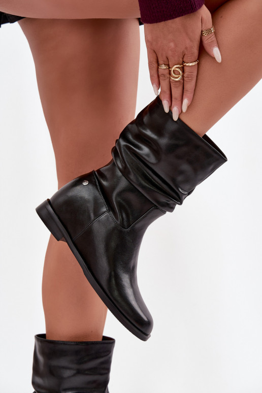 Skórzane Botki DamskiewithMarszczeniem Ocieplane Maciejka K7211-01 Czarne