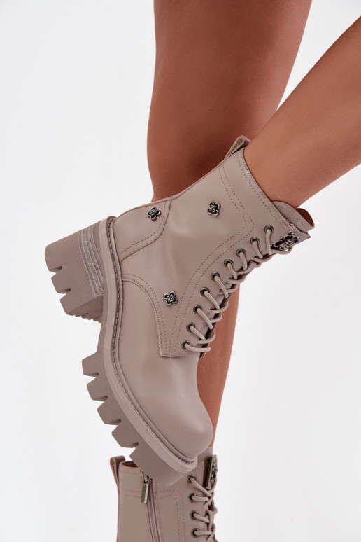 Skórzane Botki Workery Damskie Na KlockuwithPrzypinkami Artiker 57C0181 Beżowe