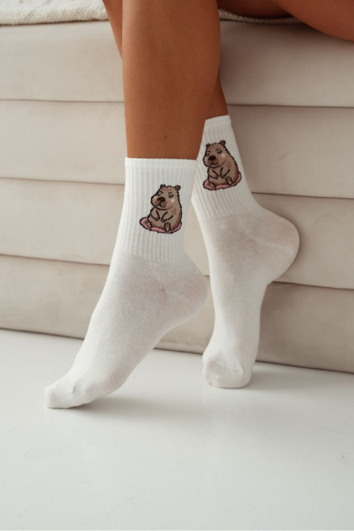 Women's Cotton Socks Sitting Capybara Ecru Women's Cotton Socks Sitting Capybara Ecru