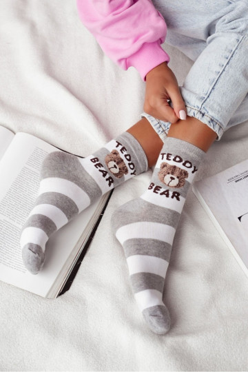 Women's Socks Striped Teddy Bear Gray