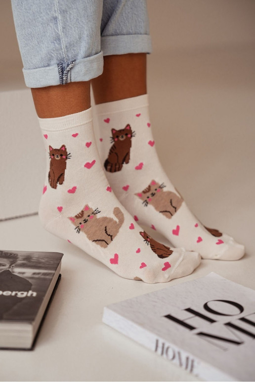 Women's Socks Cats and Hearts Ecru Women's Socks Cats and Hearts Ecru