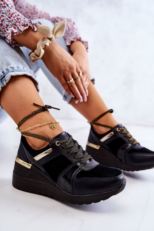 Damskie Zamszowe Buty Sportowe Na Koturnie Czarne Larson