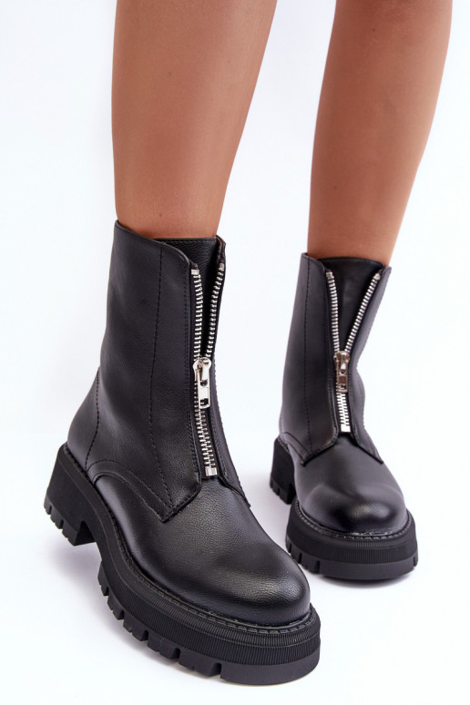 Leather Boots With Flat Heel And Zip Black Vimal