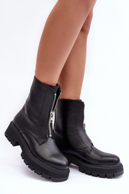 Leather Boots With Flat Heel And Zip Black Vimal