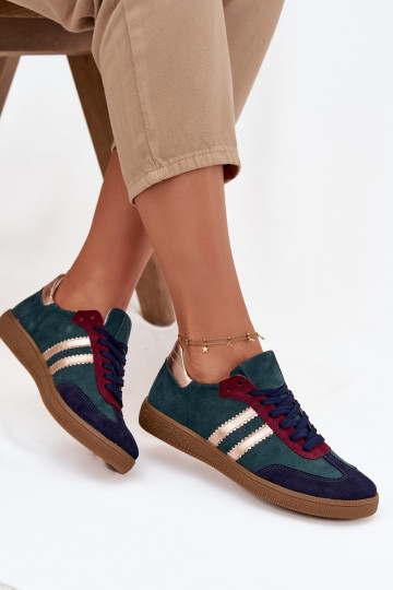 Zazoo N1068 Zamszowe Niskie Sneakersy Damskie Butelkowa Zieleń