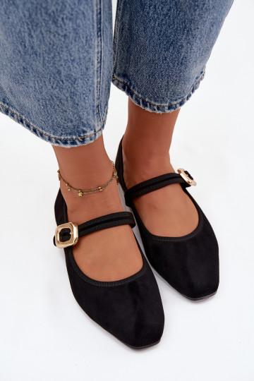 BalerinywithPaskiem I Złotą Klamrą Eko Zamszowe Czarne Adelora