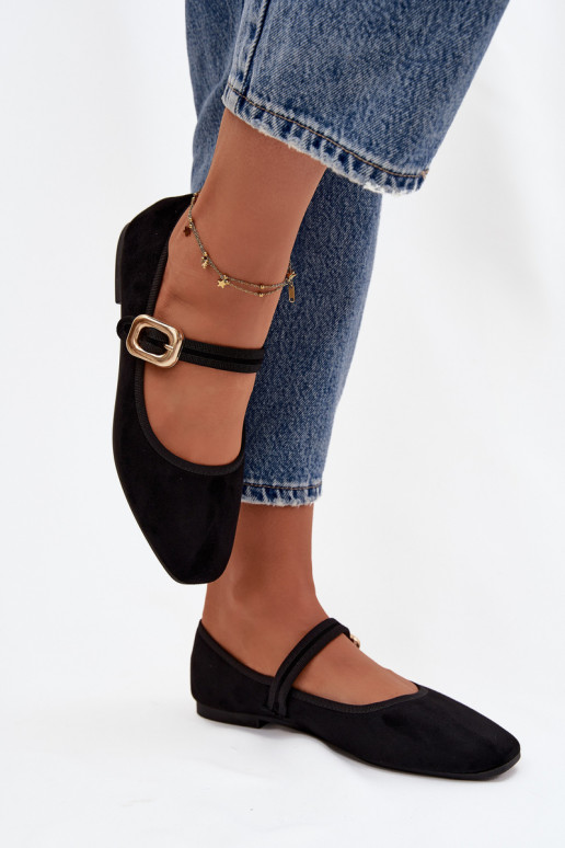 BalerinywithPaskiem I Złotą Klamrą Eko Zamszowe Czarne Adelora