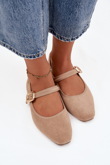 Ballet flats with strap and gold buckle Eco suede Beige Adelora