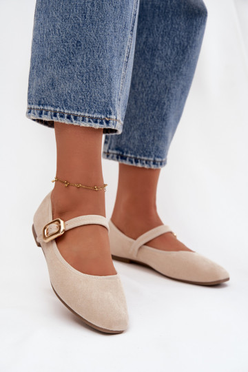 Ballerinas With Strap And Gold Clasp Eco Suede Light Beige Adelora 2