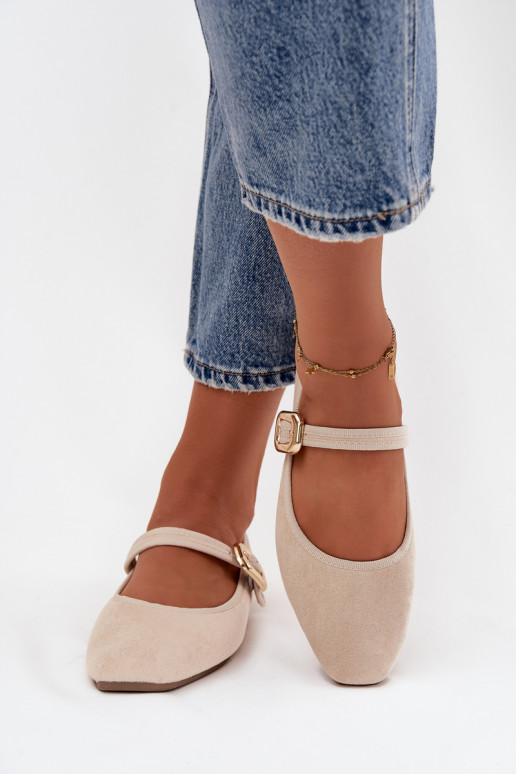 Ballerinas With Strap And Gold Clasp Eco Suede Light Beige Adelora