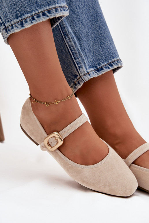 Ballerinas With Strap And Gold Clasp Eco Suede Light Beige Adelora