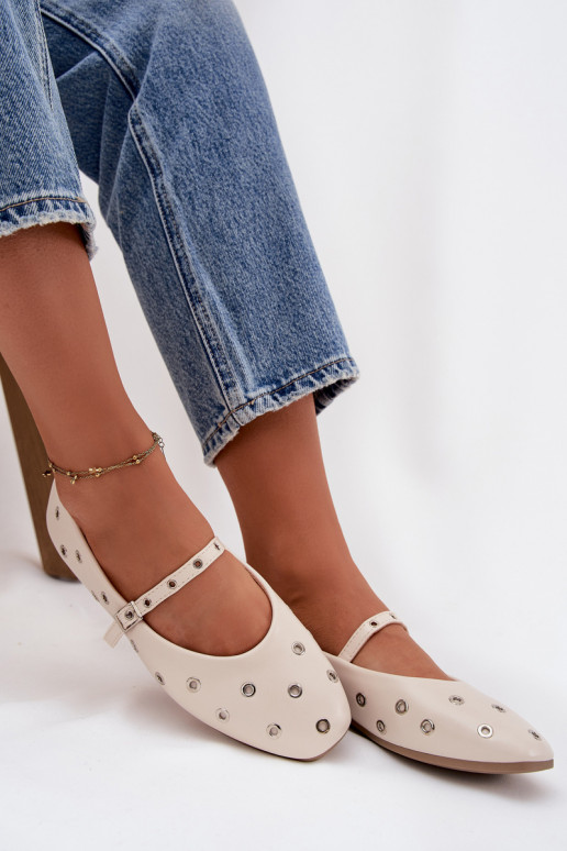 Baleriny Damskie Ze Srebrnymi Elementami Beżowe Marivon