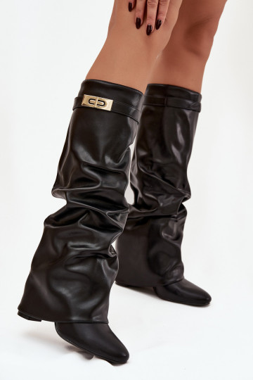 Women's Heeled Boots With Folded Shaft And Gold Detail Black Diorna 2