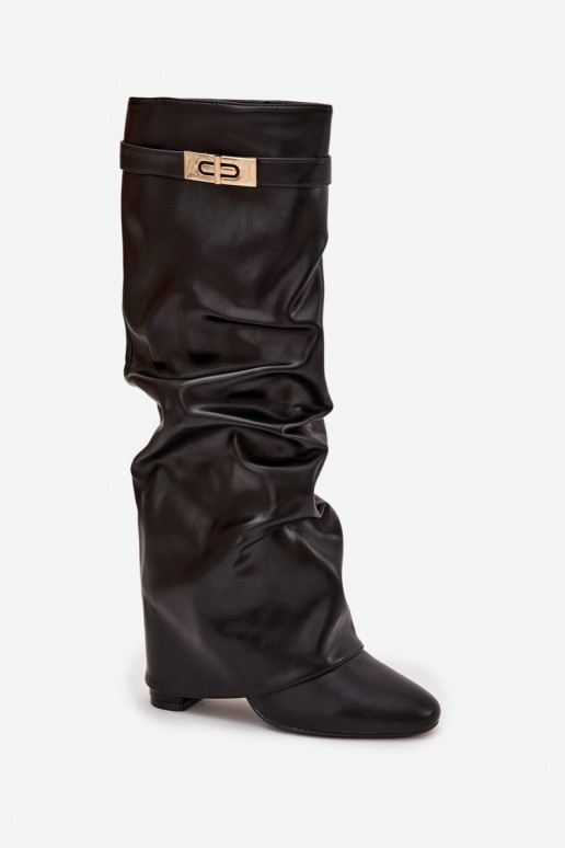 Women's Heeled Boots With Folded Shaft And Gold Detail Black Diorna