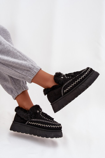 Women's Snow Boots on Platform with Fur and Fringes Black Ferayne