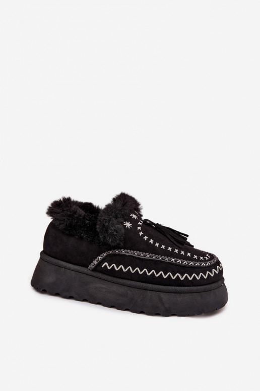 Women's Snow Boots on Platform with Fur and Fringes Black Ferayne
