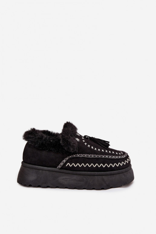 Women's Snow Boots on Platform with Fur and Fringes Black Ferayne