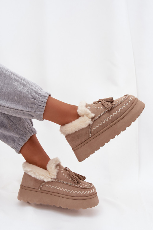 Śniegowce Damskie Na PlatformiewithFuterkiem I Frędzlami Beżowe Ferayne