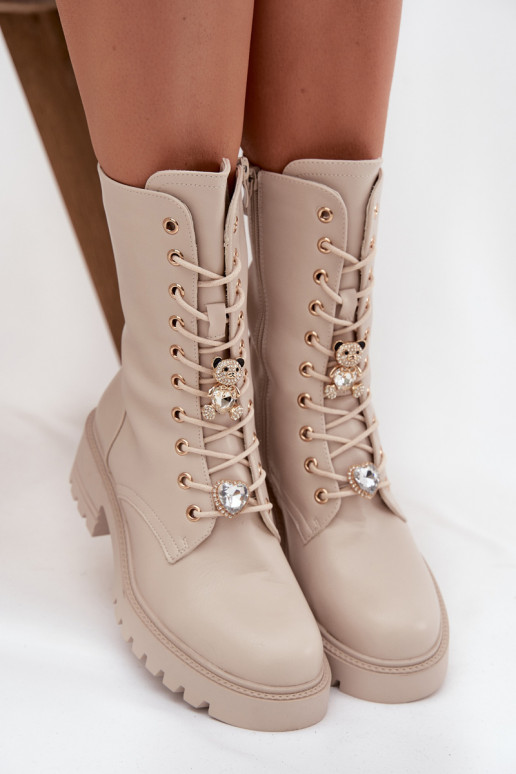 Women's Workery Boots With Buckles Bear Heart Beige Iravine