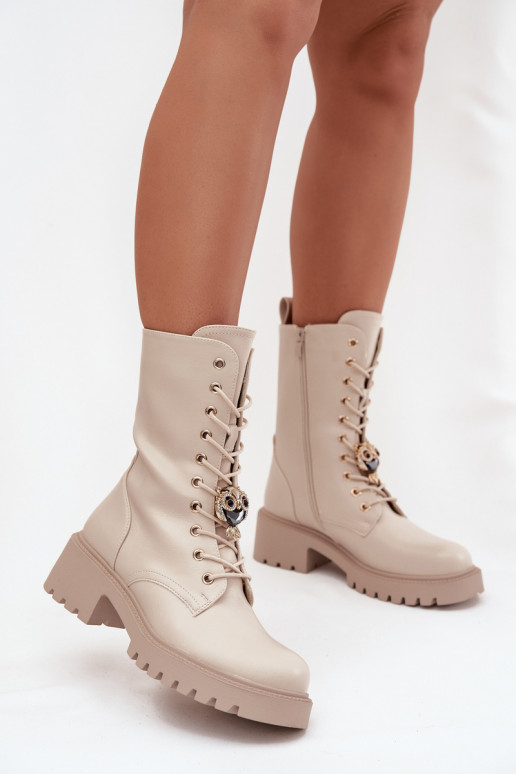 Women's Workery Boots With Buckles Bear Heart Beige Iravine