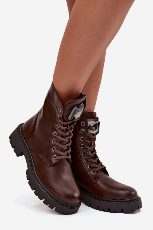 Botki Workery DamskiewithOzdoba Eko Skórzane Czekoladowe Karessa