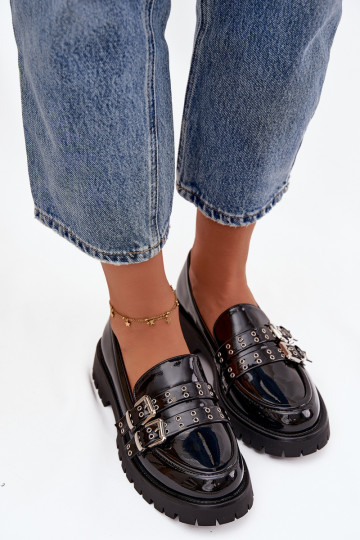 Patent Leather Ladies Moccasins With Straps And Silver Buckles Black Gabrisse