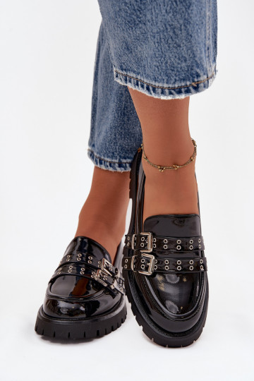 Patent Leather Ladies Moccasins With Straps And Silver Buckles Black Gabrisse 2