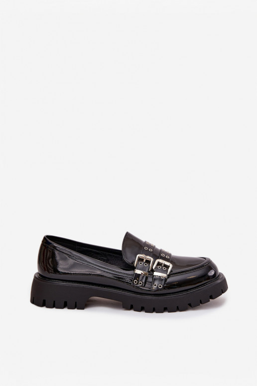Patent Leather Ladies Moccasins With Straps And Silver Buckles Black Gabrisse