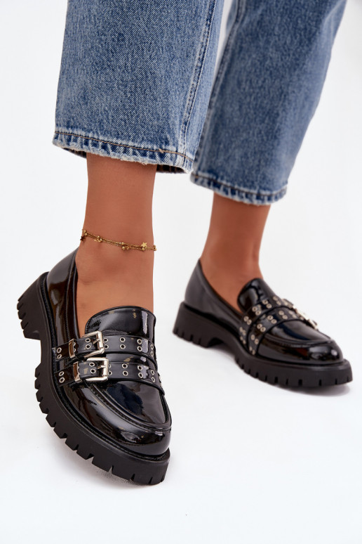 Patent Leather Ladies Moccasins With Straps And Silver Buckles Black Gabrisse