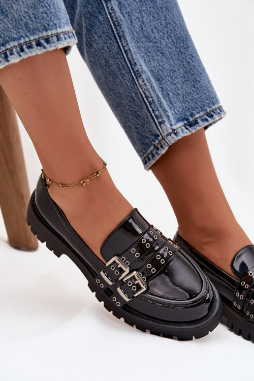 Patent Leather Ladies Moccasins With Straps And Silver Buckles Black Gabrisse