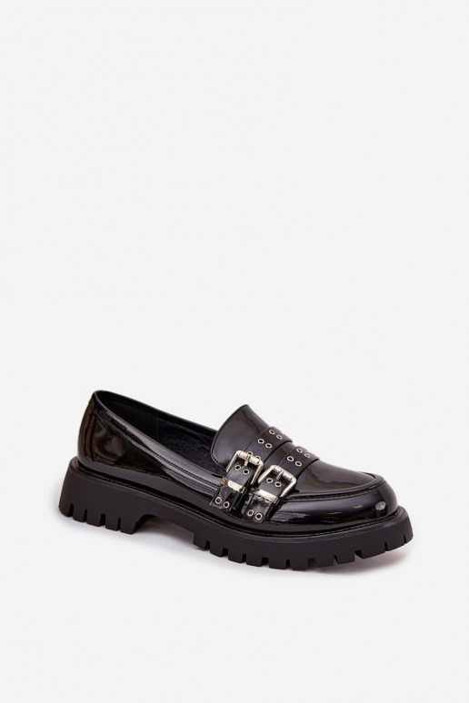 Patent Leather Ladies Moccasins With Straps And Silver Buckles Black Gabrisse
