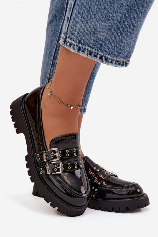 Patent Leather Ladies Moccasins With Straps And Silver Buckles Black Gabrisse