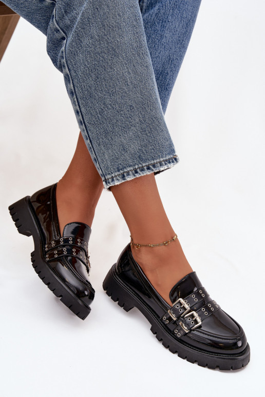 Patent Leather Ladies Moccasins With Straps And Silver Buckles Black Gabrisse
